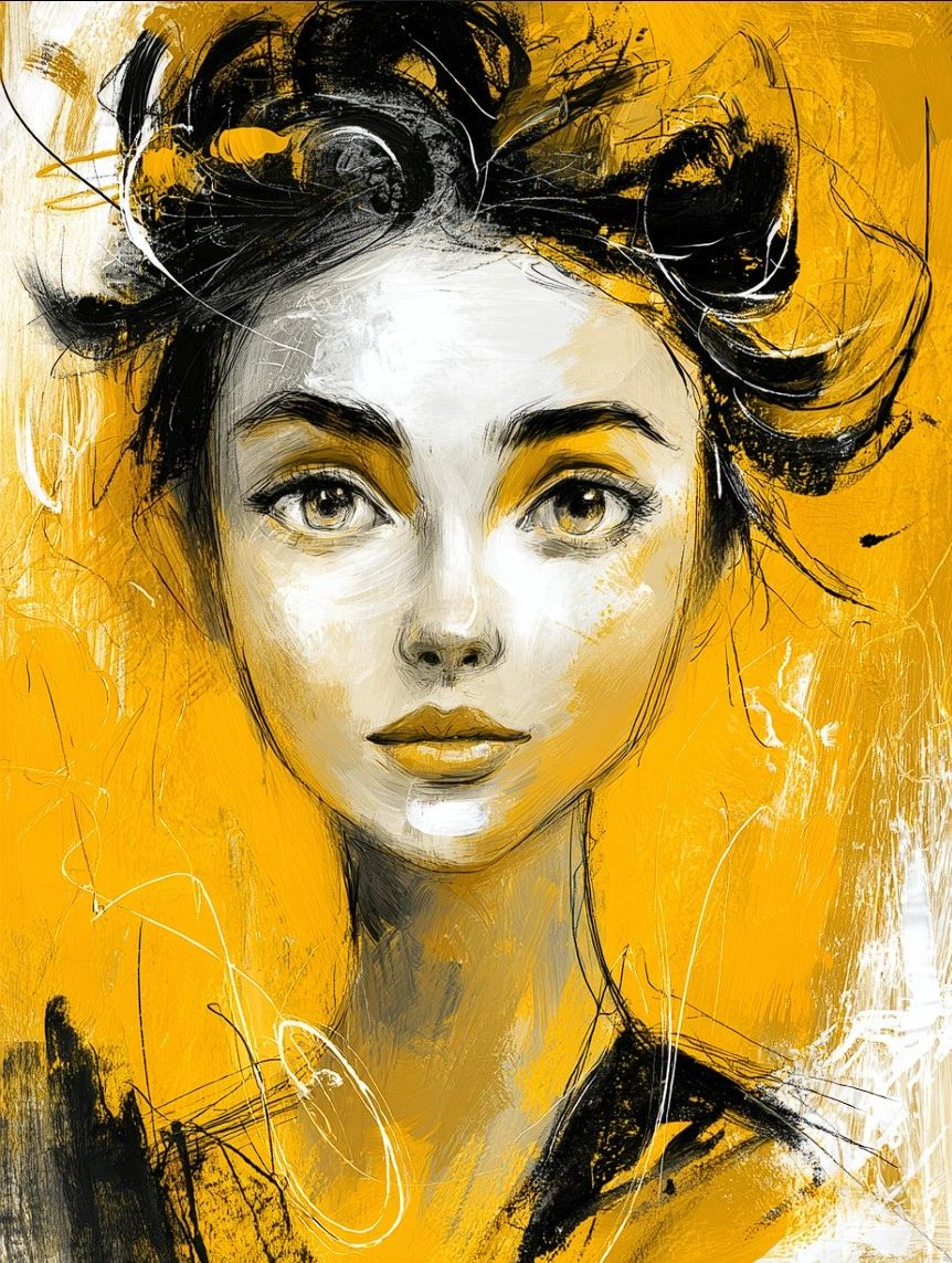 An artistic portrait of a young woman with striking features, set against a vibrant yellow background. The illustration highlights her expressive eyes and unique hairstyle, incorporating bold brush strokes and contrasting colors.