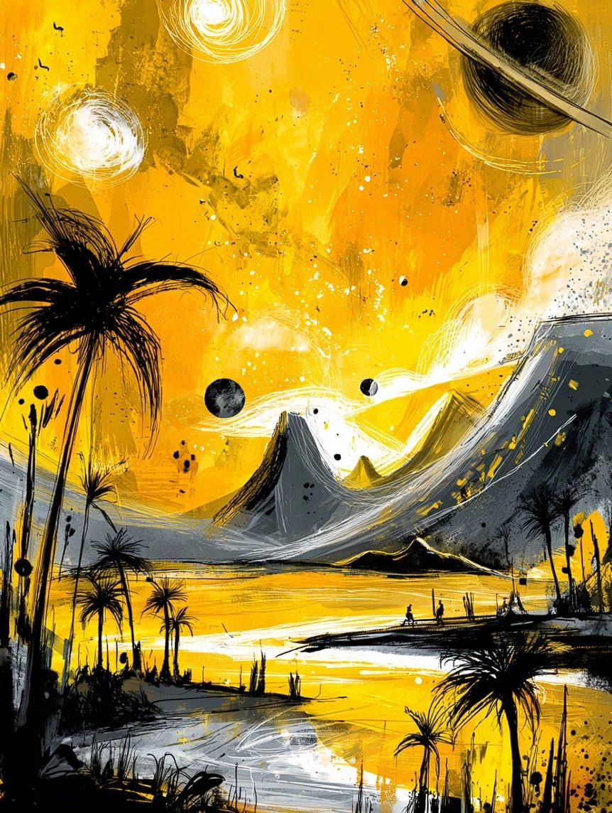 An abstract landscape featuring a vibrant yellow sky with celestial bodies, dark mountains, and silhouetted palm trees, reflecting a tranquil water scene.