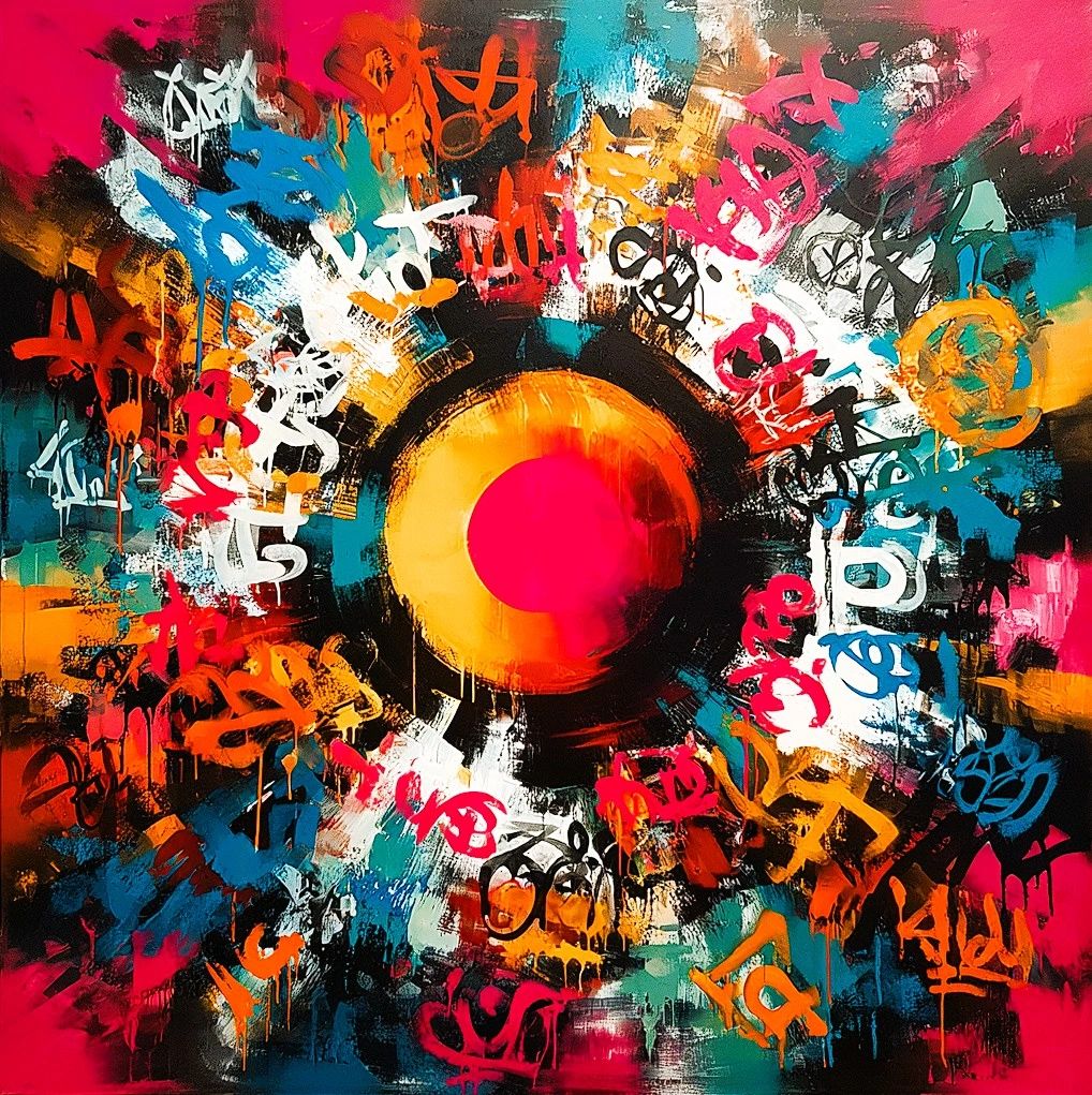 A vibrant abstract artwork featuring a large central red circle, surrounded by splashes of blue, orange, and black, along with graffiti-style text in various colors.