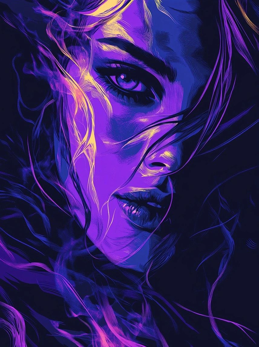 A close-up illustration of a woman's face with vibrant purple and yellow tones, showcasing intricate hair details and expressive features.