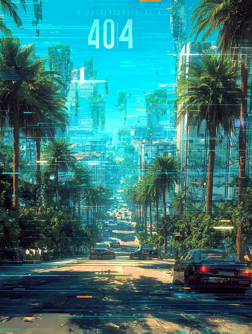 A futuristic urban street view featuring palm trees and cars, with a blue digital glitch effect and '404' text overlay.