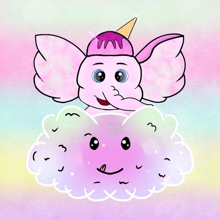 A cute cartoon-style elephant with a pink body and an ice cream cone hat is smiling above a fluffy pink cloud with a cheerful face on a pastel background.