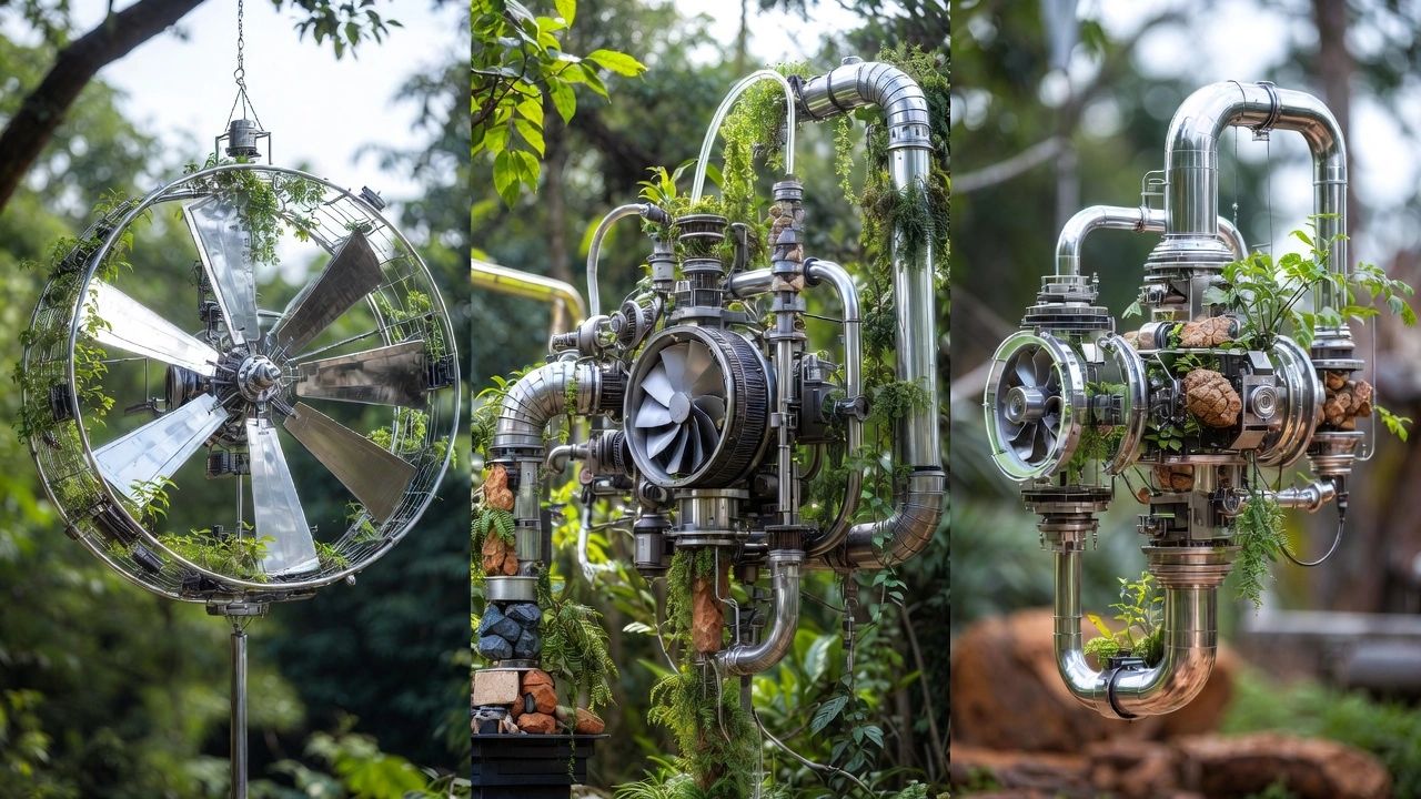 A collection of three unique, metallic sculptures that combine industrial elements like fans and pipes with lush greenery, blending technology and nature.