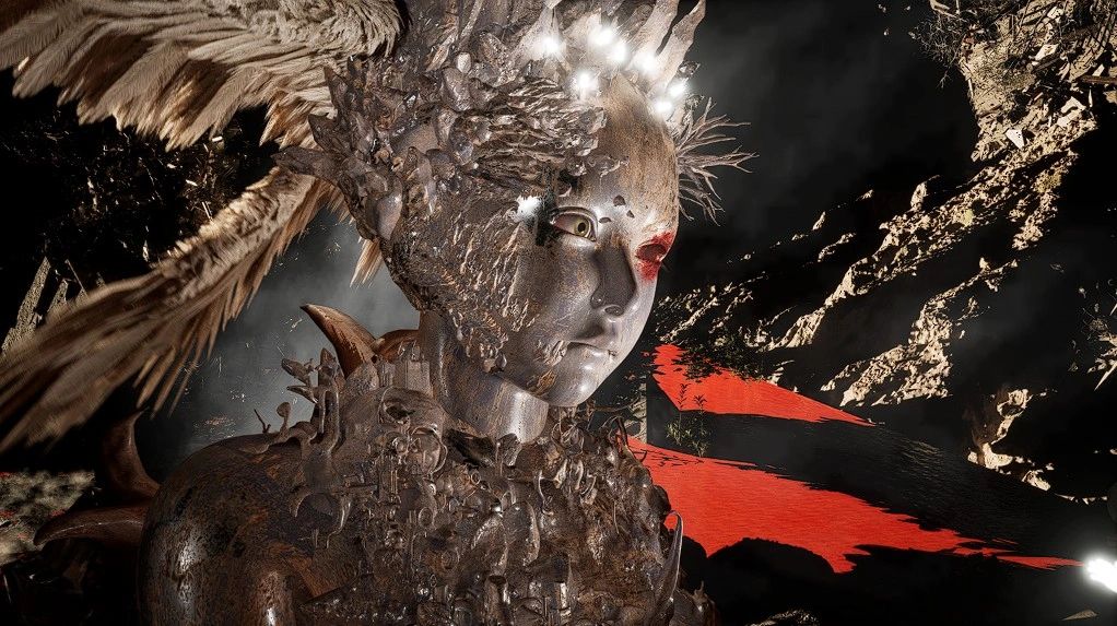 A surreal sculpture featuring a humanoid figure with metallic elements and foliage-like protrusions, set against a dark, textural background with red highlights.