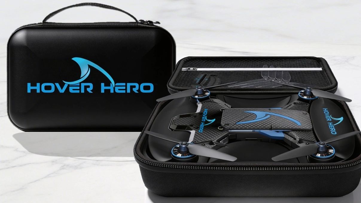 Compact Hover Hero drone with carrying case, sleek black and blue design.