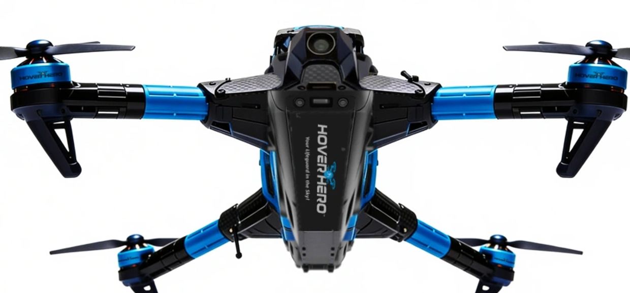 Blue and black HoverHero drone with four propellers and a central camera.