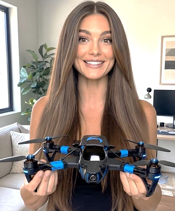 Woman holding a drone and smiling.