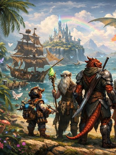 Fantasy adventurers face a fire-breathing dragon near a mystical castle and enchanted sea creatures.