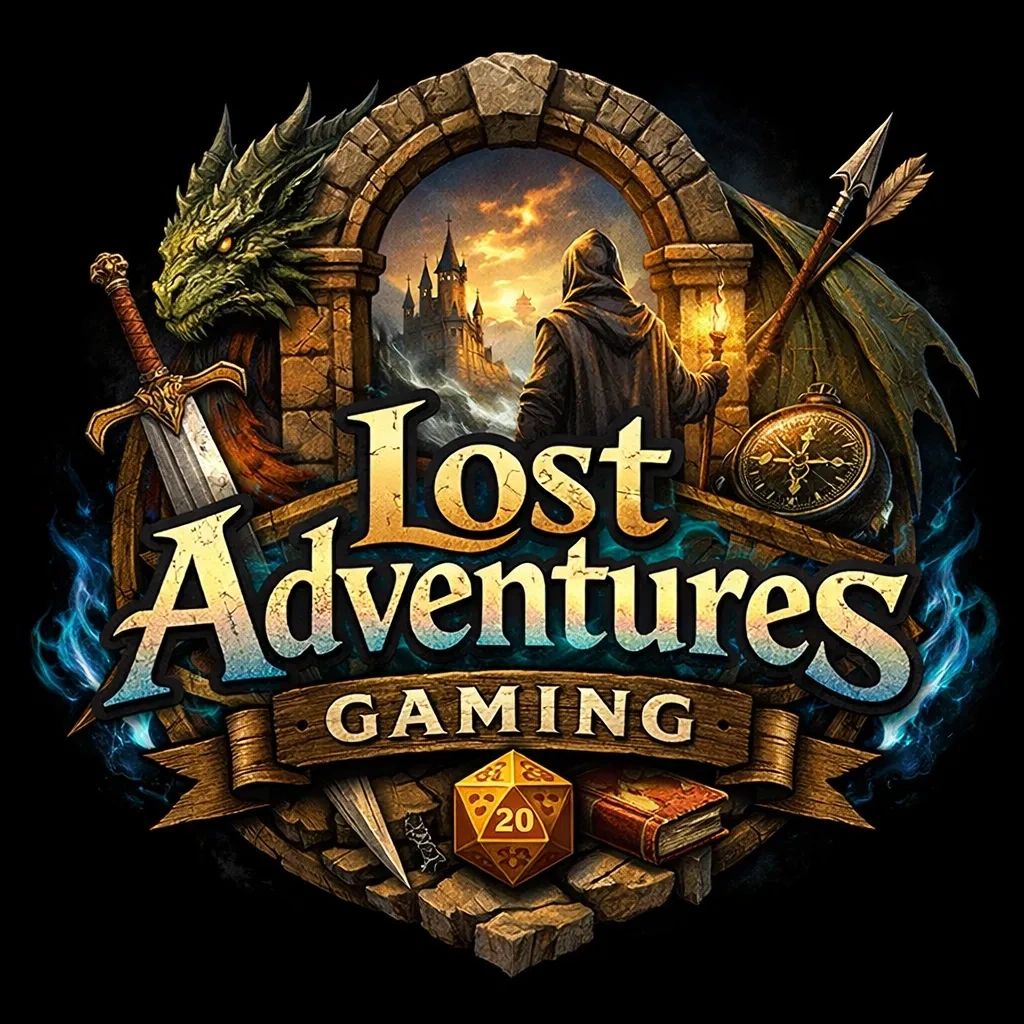 Fantasy-themed Lost Adventures Gaming logo with dragon, sword, and adventurer.