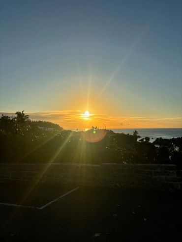Sunset over a coastal landscape with trees and water.