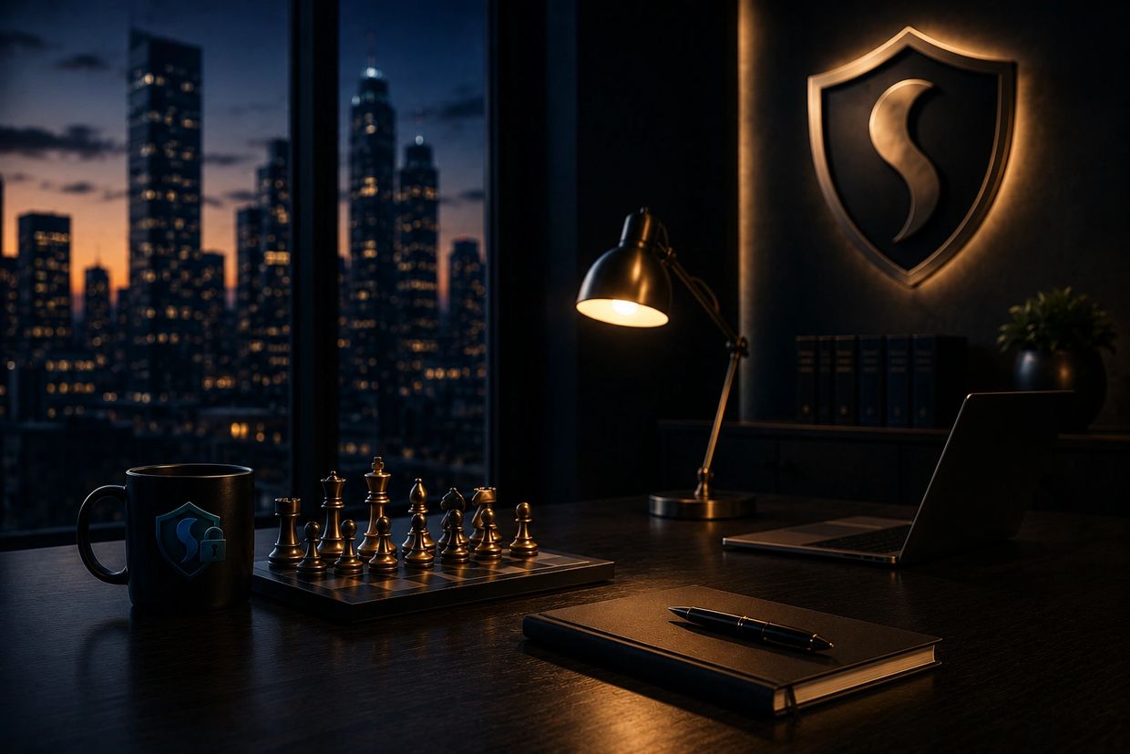 A cozy office desk with chess pieces, a notebook, and a city skyline at dusk.