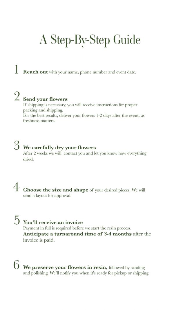 Step-by-step guide to preserving flowers in resin with detailed instructions from contact to pickup.