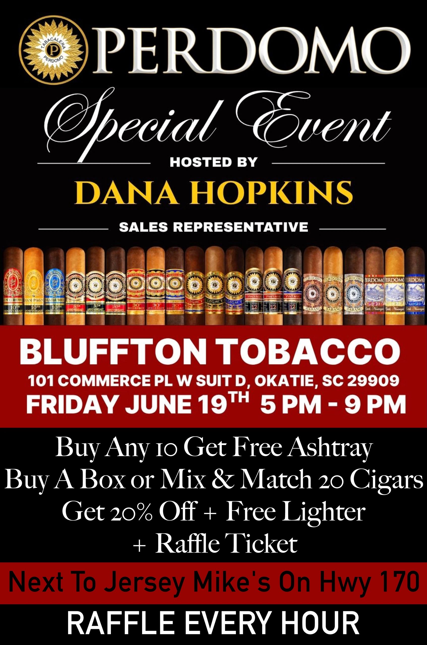 Display of cigars with Bluffton Tobacco event details on June 19th.