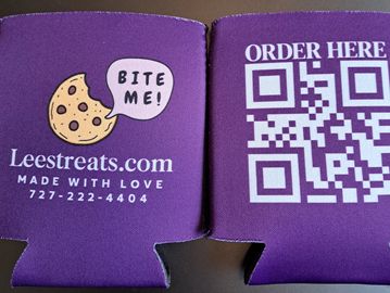 Purple drink sleeve with Lee's Treats cookie logo and order QR code.