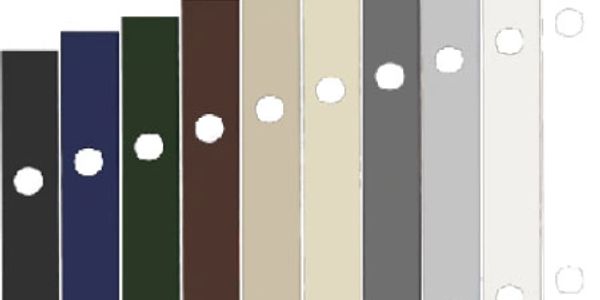 A row of color-coded binder spines with labels and holes.