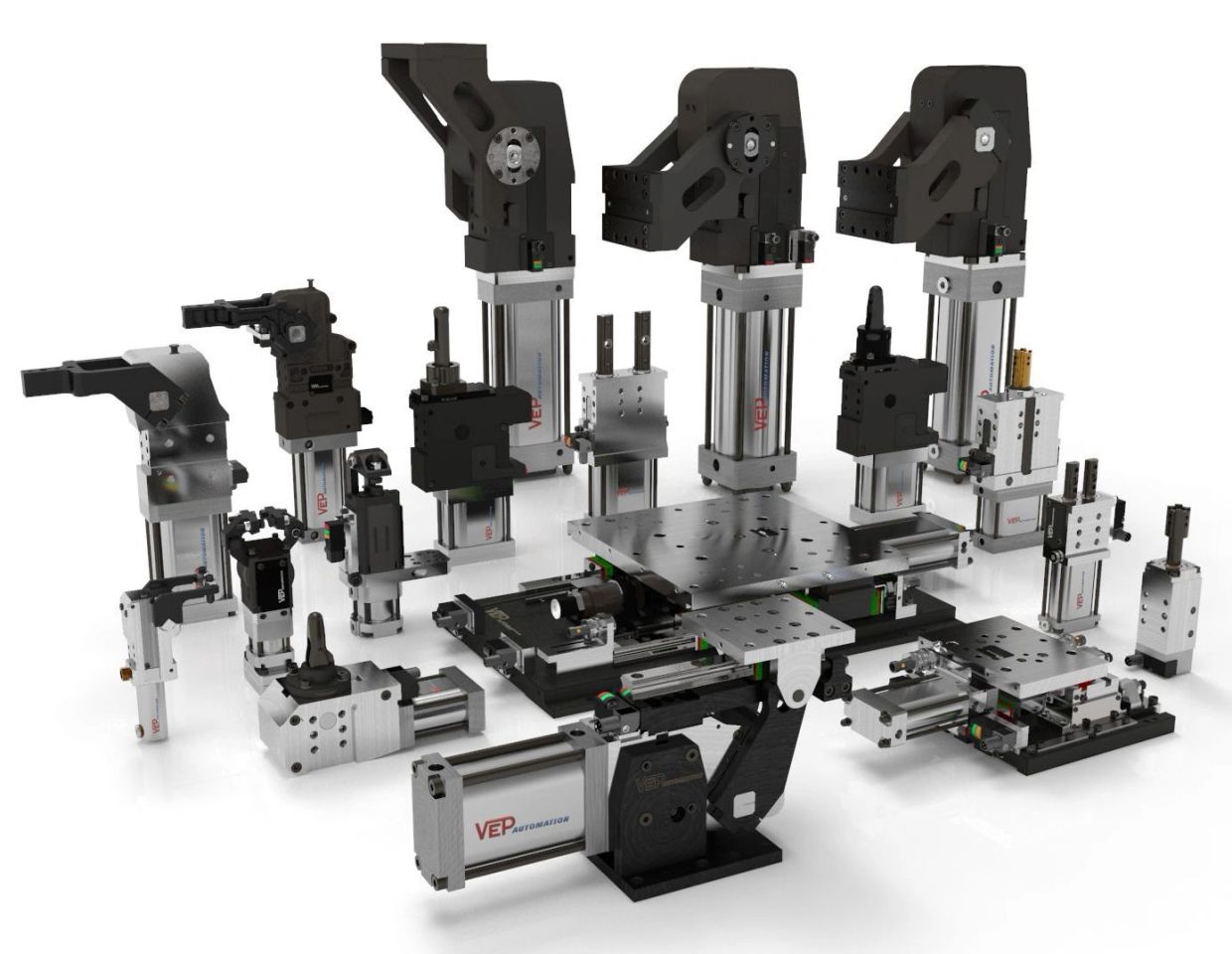 Set of advanced industrial automation components and actuators.