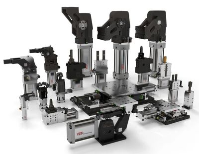 Set of advanced industrial automation components and actuators.