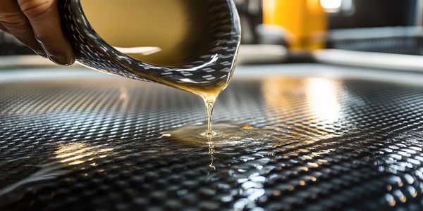 Pouring resin onto a carbon fiber surface with a brush.