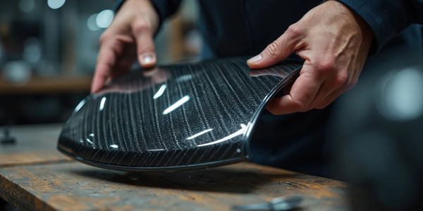 Hands inspecting a curved carbon fiber sheet on a wooden table.