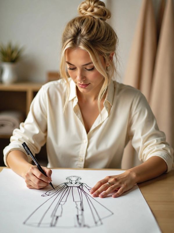 At cinole, a woman drawing a fashion design sketch on paper.