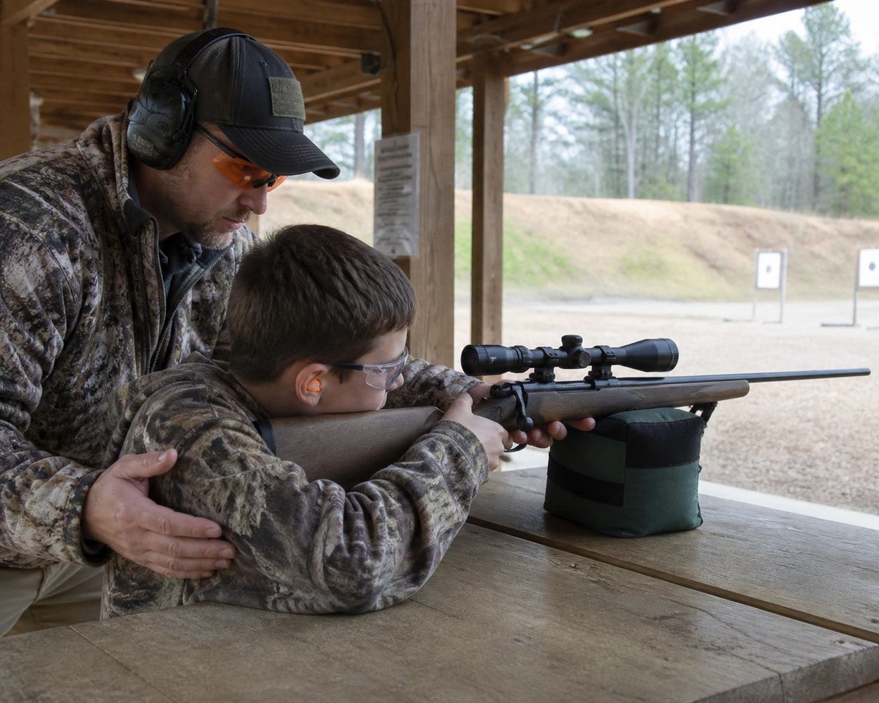 Adult teaching a child how to shoot a rifle at an outdoor shooting range.