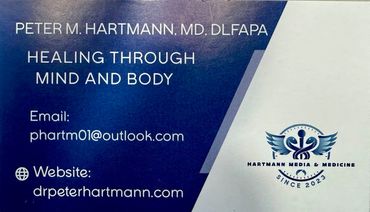 Business card for Dr. Peter M. Hartmann, specializing in mind and body healing.