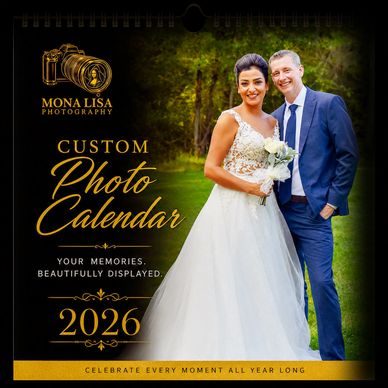 Custom 2026 photo calendar featuring a wedding couple.