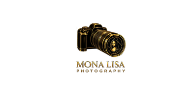 Golden camera logo with Mona Lisa image inside lens.