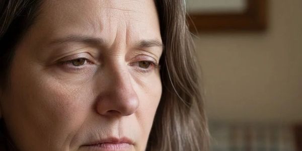 A middle-aged woman with a somber expression, looking downward.