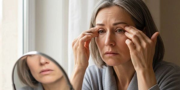 Middle-aged woman examining wrinkles around her eyes in the mirror.