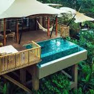 A tree house in Costa Rica with an infinity pool overlooking lush jungle under a sunny sky.
