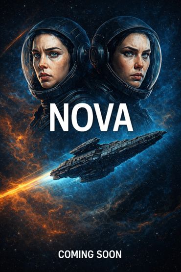 Two astronauts back-to-back with a spaceship and the title NOVA in space.