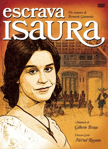 Cover of the DVD movie "Escrava Isaura" with a woman in a white dress and a rustic background.
