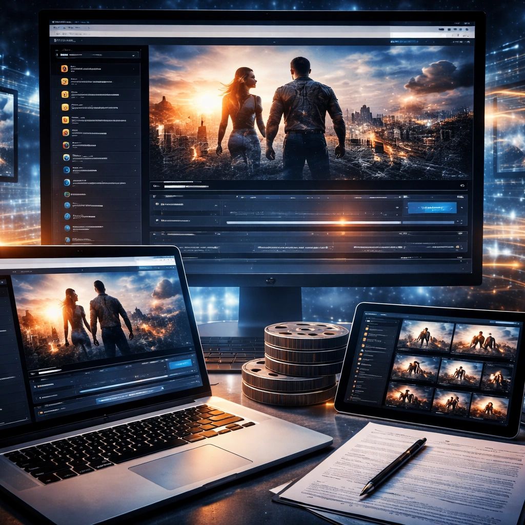 Multiple screens showing video editing of a man and woman against a city sunset.