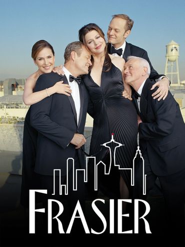Main cast of Frasier dressed formally, posing together with the Seattle skyline.