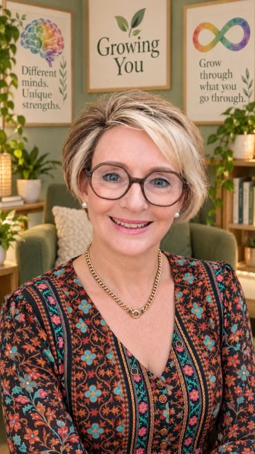 Smiling woman with glasses in a cozy, motivational office.