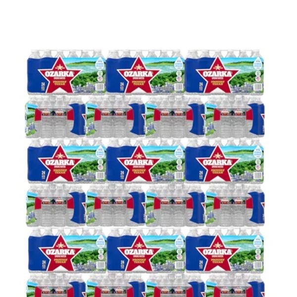 Stacks of Ozarka bottled water packs arranged in rows.
