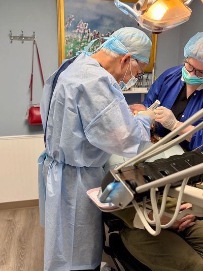 Dentist and assistant treating a patient in a dental clinic.