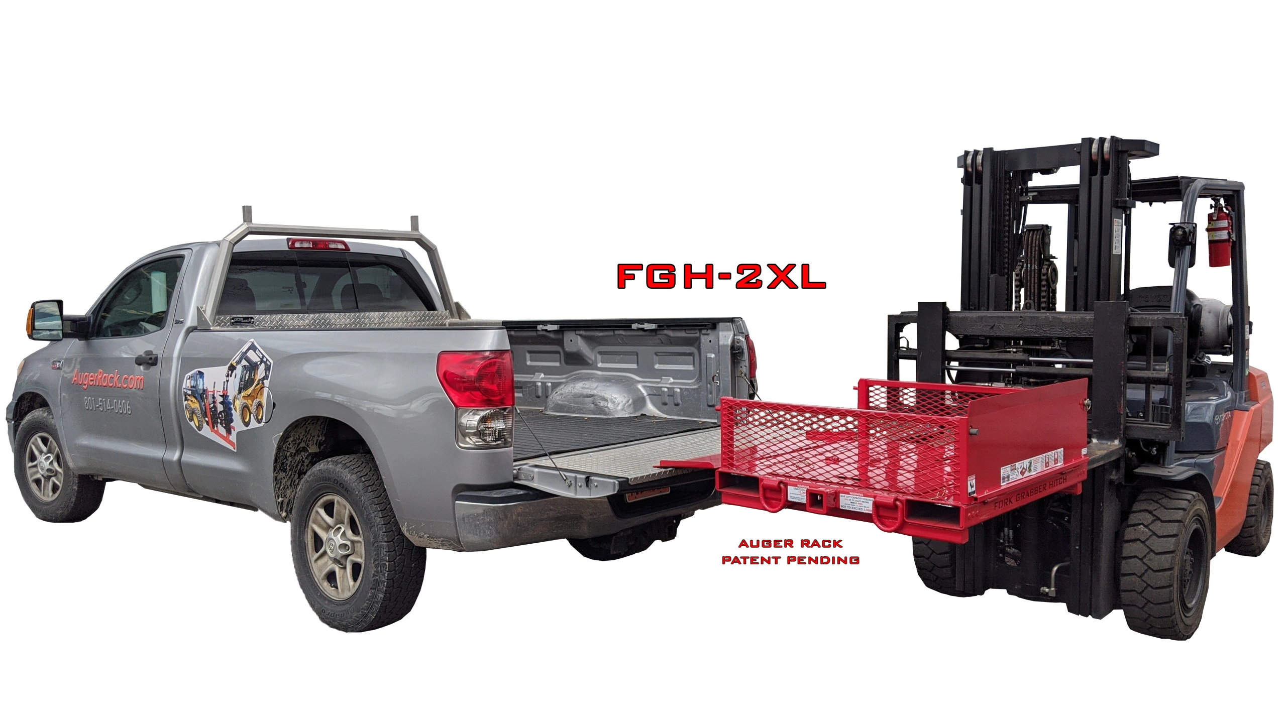 FGH-2XL Fork Grabber Hitch forklift attachment in use next to a truck with its tailgate down