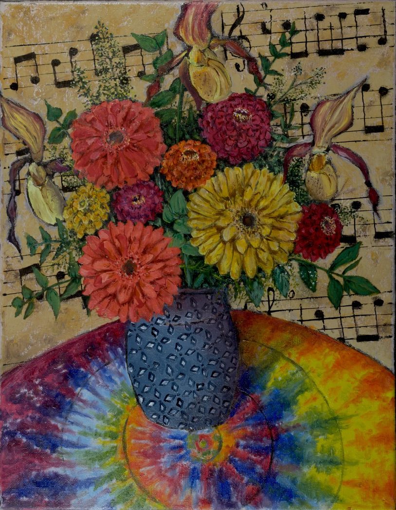 Colorful flower bouquet in a blue vase with musical notes background.