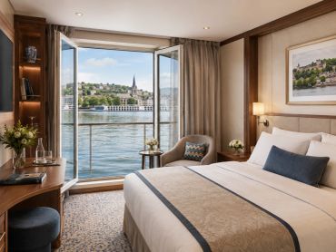 Cozy bedroom with a river view through open balcony doors.