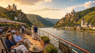 Scenic river cruise with castle views at sunset.