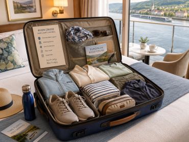 Open suitcase packed neatly on a bed by a river view.