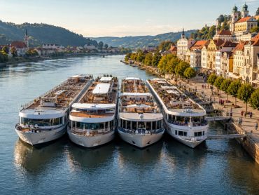 Four cruise ships docked by a scenic riverside town.
