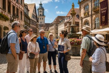 Tour group listening to a guide in a European town square.