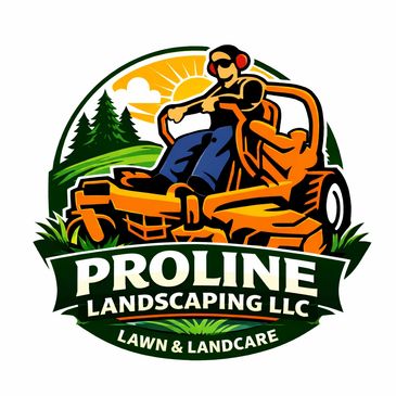 Logo of Proline Landscaping LLC featuring a person on a lawn mower with sun and trees.