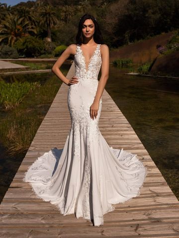 Crepe Mermaid deep plunge V Neck Gown