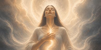 A serene woman glowing with spiritual light amidst swirling clouds.