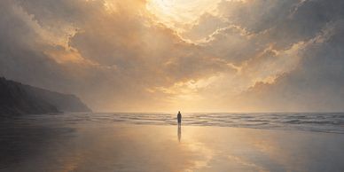 A solitary figure stands on a reflective beach under a dramatic sunset sky.