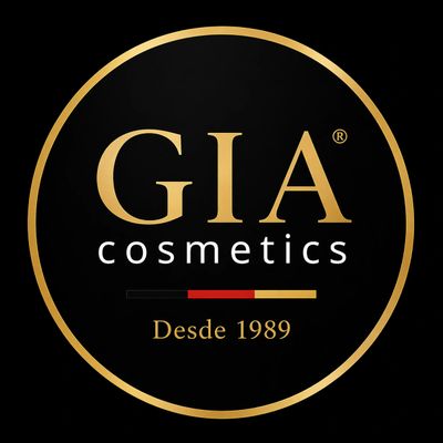 Elegant GIA cosmetics logo with gold accents on a black background.